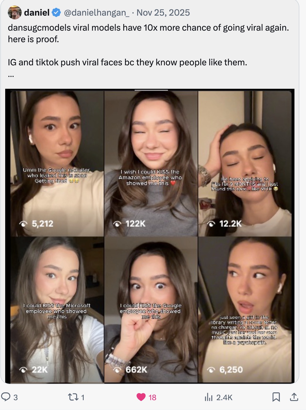 X post showing a grid of DansUGC reaction videos with view counts up to 662K.