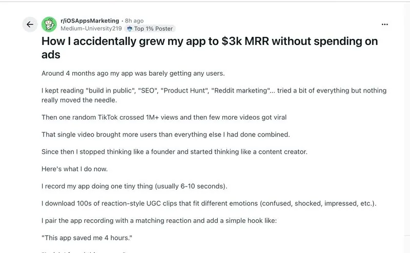dan's linkedin post about a founder at $3k mrr posting one to two short-form videos a day with zero ad spend