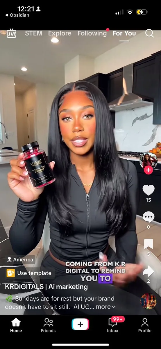 dan's screenshot of the AI UGC version on the tiktok for you page: a polished ai presenter holding a vitamin bottle, posted by an ai marketing account. 15 likes, 0 comments, 5 saves, 2 shares.